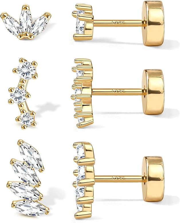 Gold Flat Back Earrings for Women Sterling Silver Earrings Post Hypoallergenic 14k Gold Plated St... | Amazon (US)