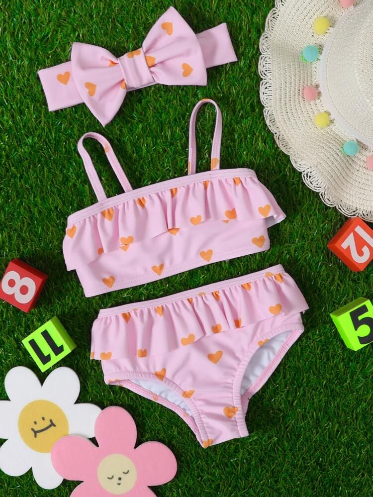 Baby Girl Heart Pattern Ruffle Trim Bikini Swimsuit & Hairband | SHEIN