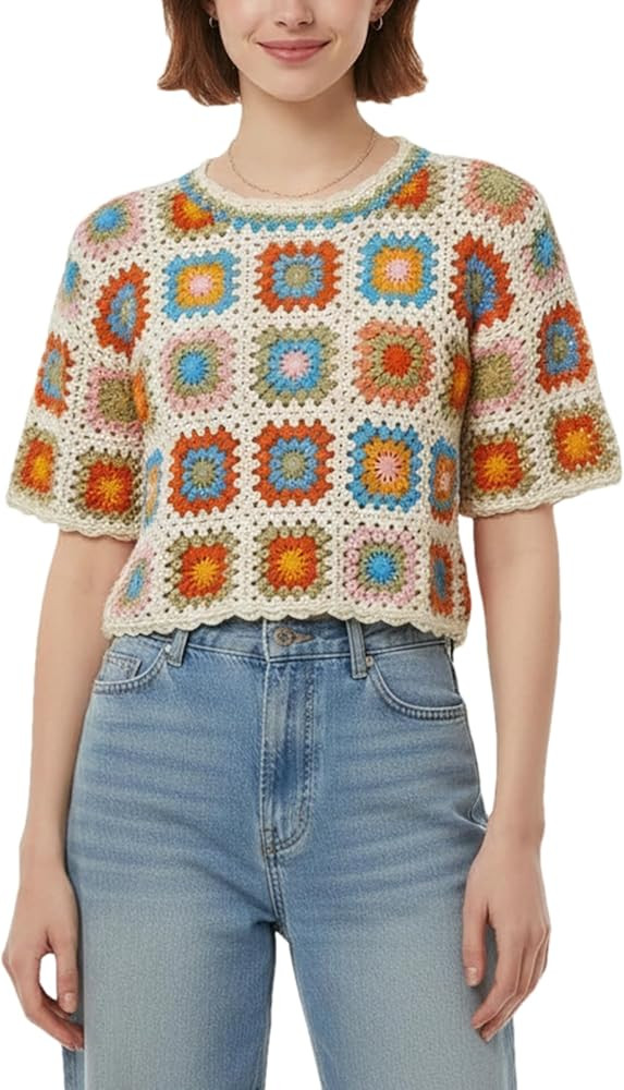 Womens 2026 Boho Granny Square Crochet Top Short Sleeve Patchwork Knit Blouse Knitted Cover Up Ho... | Amazon (US)