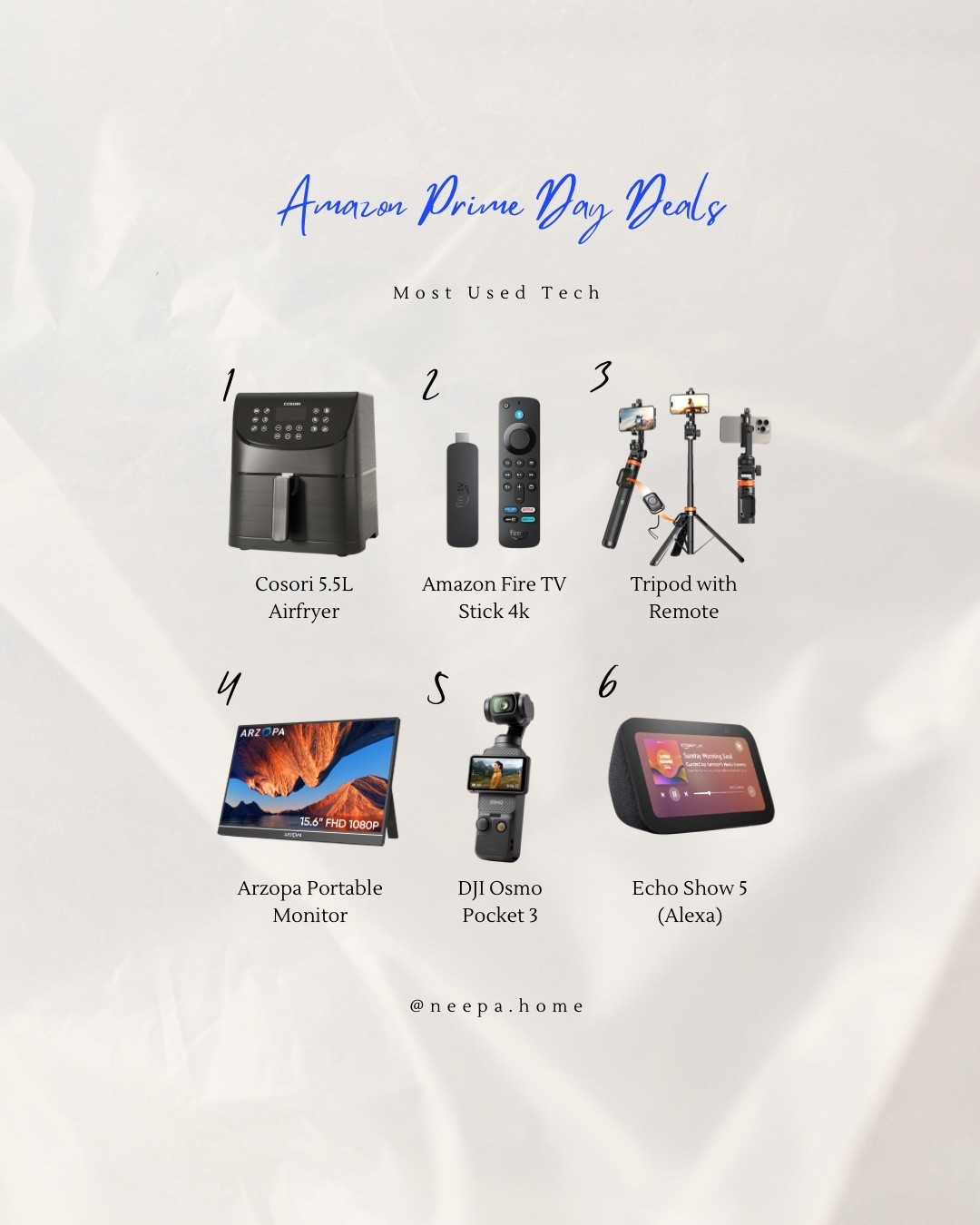 ✨ Amazon Prime Day Tech Favourites ✨
Sharing some of my most-used Amazon tech finds that have been total game changers 👩🏽‍💻💡

💨 Cosori Air Fryer – still going strong after 3 years!
📺 Amazon Fire Stick – perfect for our projector nights.
🎥 Tripod – my go-to for filming all my content (you don’t need anything fancy!).
💻 Arzopa Monitor – the best portable screen for hot desking or home office days.
📸 DJI Osmo Pocket 3 – perfect for travel and content creators.
⏰ Echo Show 5 – keeps me organised and helps my mornings run smoothly!

Everything’s on Amazon Prime Day offer, so it’s the perfect time to grab your favourites 🙌
Message me if you’ve got any questions — happy to share what’s been worth it 💌

#LTKhome #LTKxAmazon #LTKgiftguide