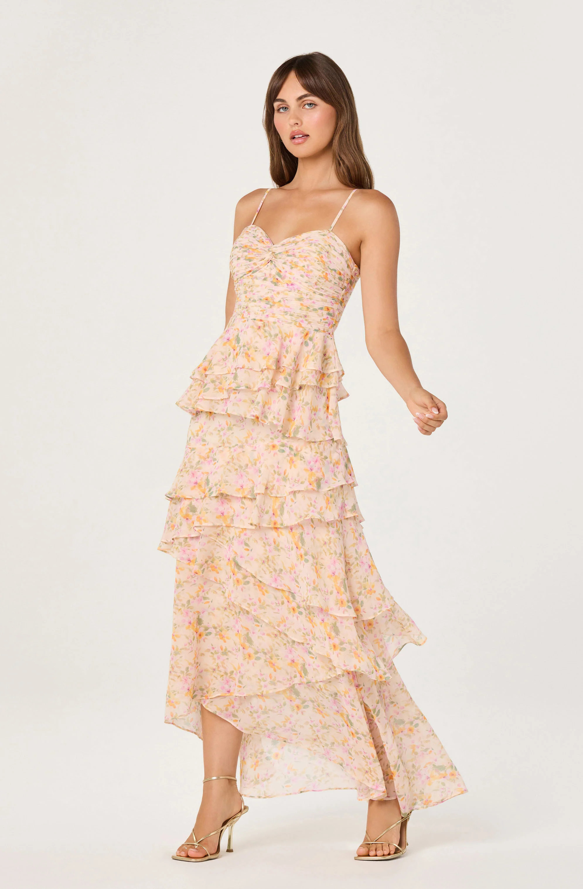 Coline Ruffle Chiffon Maxi Dress - Pink orange floral / M | ASTR The Label (US)