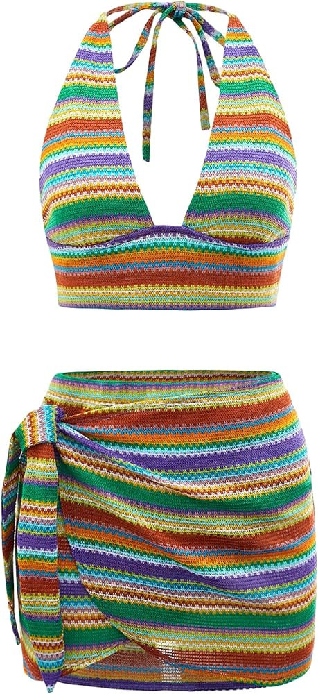 Verdusa Women's 2 Piece Outfit Striped Deep V Neck Crop Halter Top and Wrap Skirt Sets | Amazon (US)