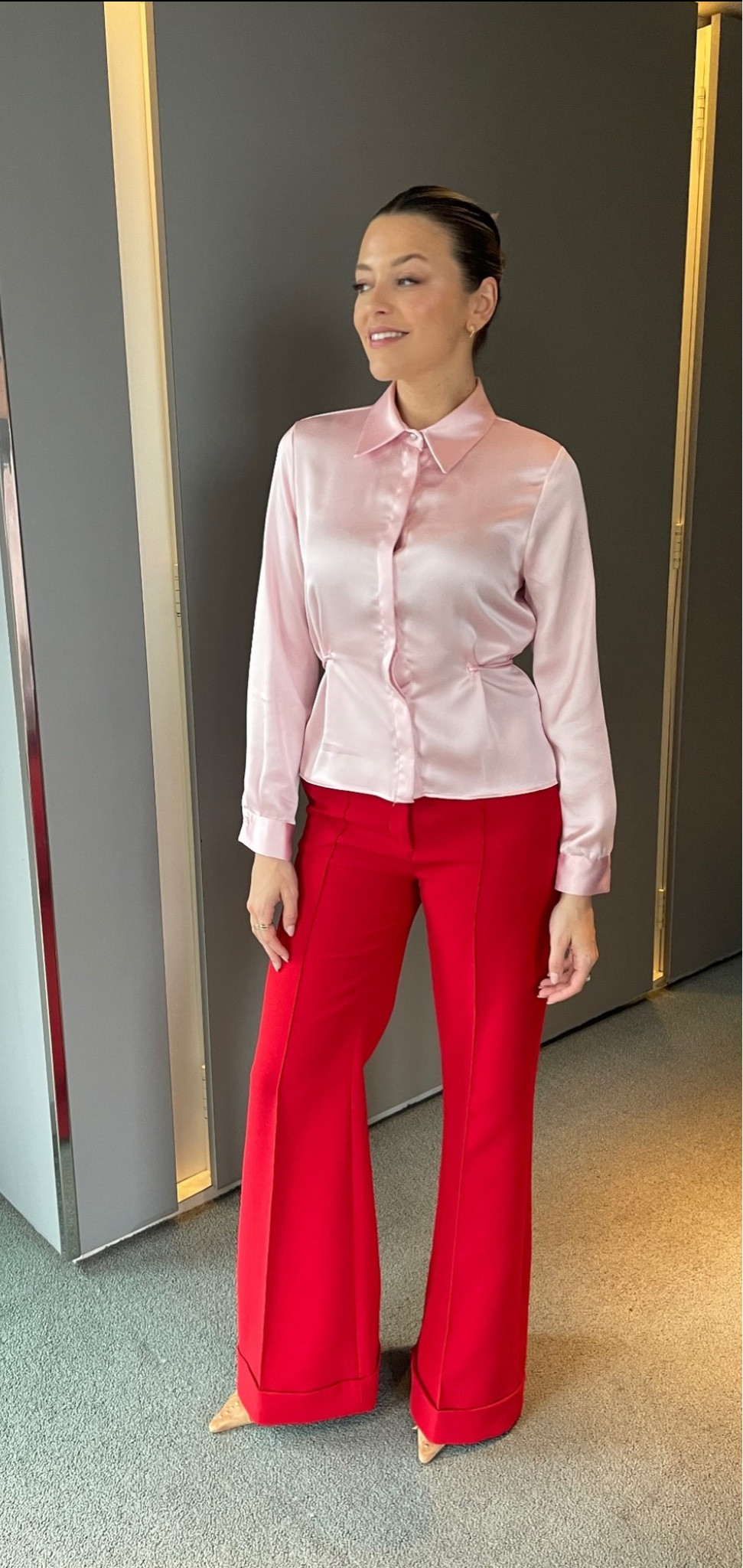 Mango, Asos, Tony bianco, Revolve, transitional outfit, transitional style, spring outfit, spring fashion, wide leg trousers, flared trousers, red tailored trousers, satin shirt, pink shirt, pink satin blouse, suede mules, office outfit, work wear, outfit ideas, style inspiration 

#LTKeurope #LTKstyletip #LTKSeasonal