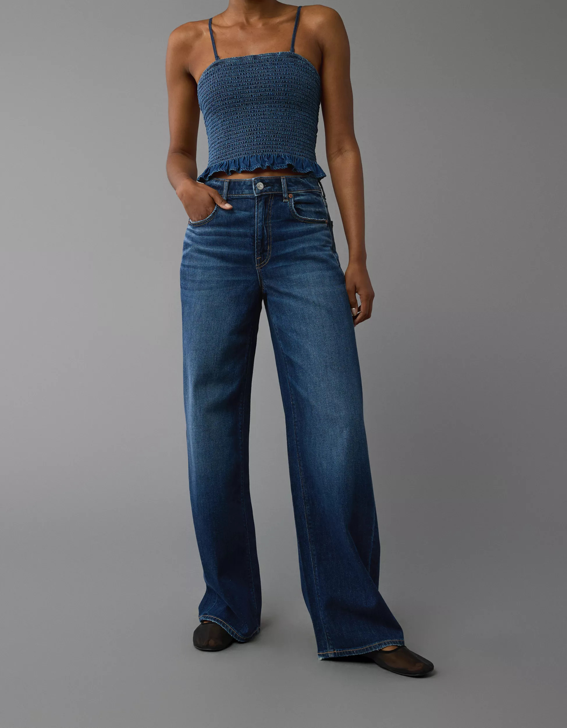 AE Dreamy Drape Stretch Super High-Waisted Baggy Wide-Leg Jean | American Eagle Outfitters (US & CA)