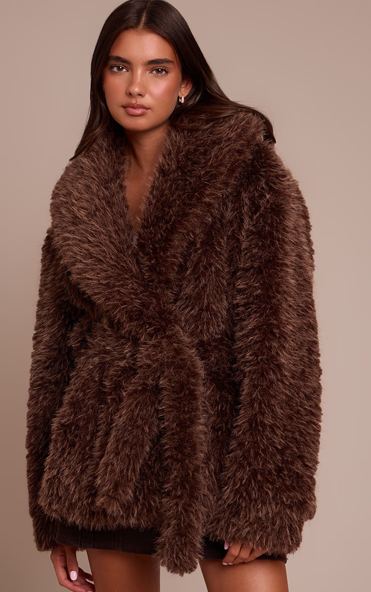 Brown Oversized Collar Faux Fur Coat | PrettyLittleThing US