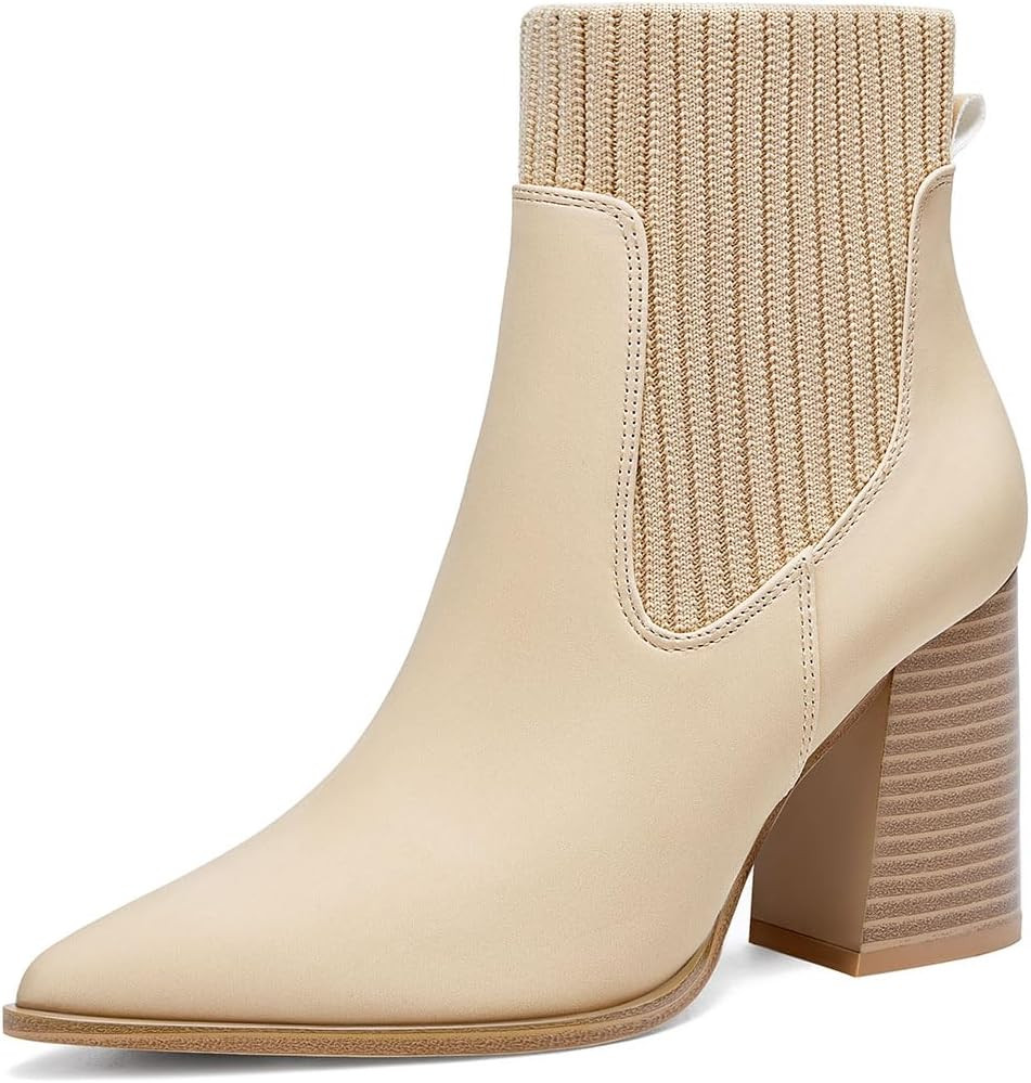 Coutgo Women Ankle Boots Sock Booties Pointed Toe Chunky Stacked High Heel Knit Chelsea Winter Dress Booties | Amazon (US)