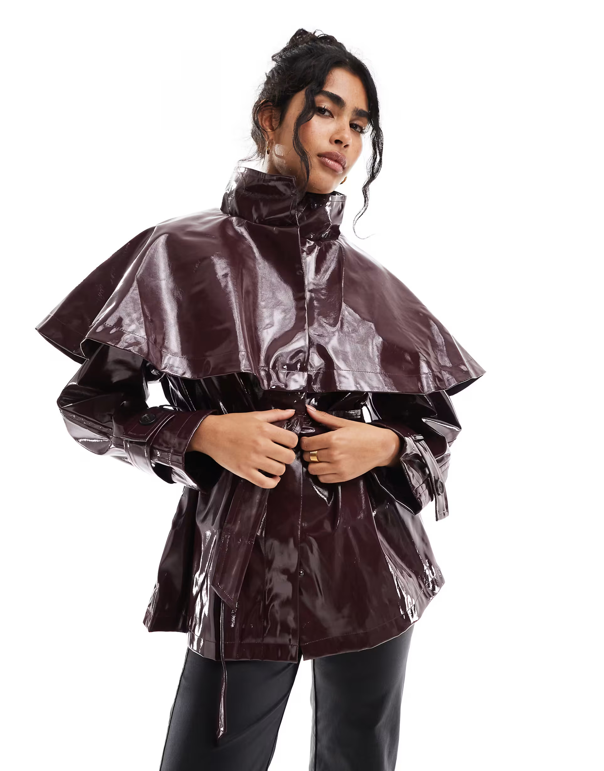 ASOS DESIGN vinyl cape jacket in burgundy | ASOS (Global)