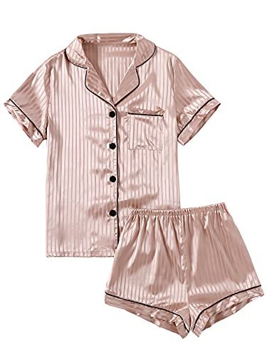 LYANER Women's Striped Silky Satin Pajamas Short Sleeve Top with Shorts Sleepwear PJ Set Khaki#2 Large | Amazon (US)