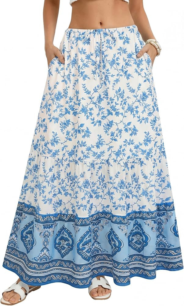 Amazon.com: Kate Kasin Womens Blue Maxi Long Skirt, Summer Flowy Boho Floral Skirts, Beach Vacation Fashion Outfit 2026 S : Clothing, Shoes & Jewelry | Amazon (US)