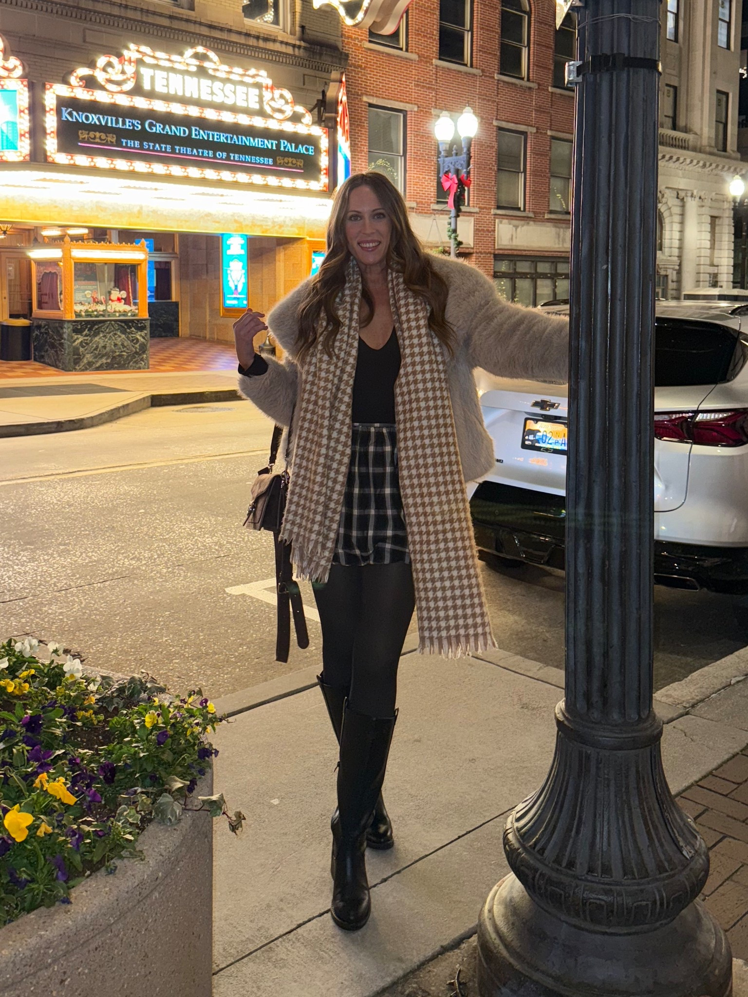 Night out in Tennessee 🖤

Fur coat, plaid skirt, Amazon fashion, Walmart fashion, fleece tights, black boots, scarf, brown purse 

#LTKFindsUnder50 #LTKootd #LTKTravel