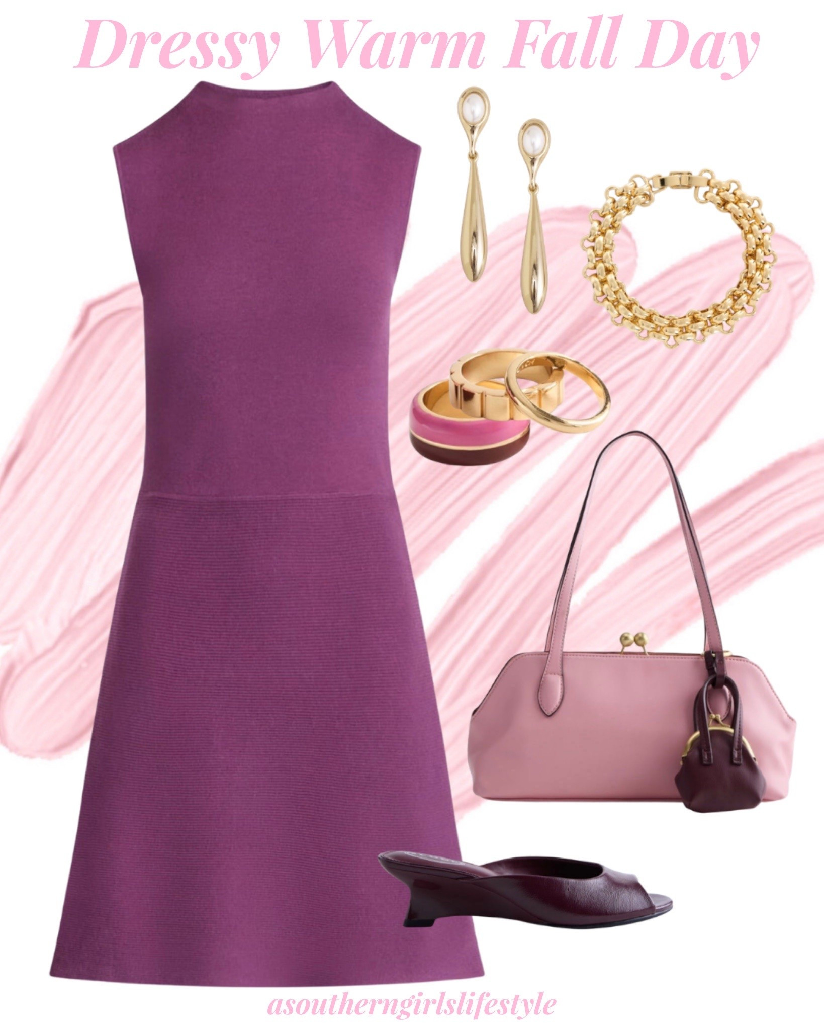 Warm Fall Day in Blushes & Berries - from Work to Church to an Event. Layer a Cardigan or Blazer with Boots on a Cold Fall Day 

Sleeveless Mock Neck Dress (comes in more colors), Faux Pearl Gold Tone Drop Earrings, Chunky Link Bracelet, Enamel Gold Stack Rings,  Dusty Rose Faux Suede Kiss Lock Shoulder Bag with Mini Bag Charm (comes in more colors) & Burgundy Peep Toe Wedge Sandals (comes in more colors) 

Walmart Fall. Fall Outfits Women. #LTKWorkwear #LTKPetite

#LTKSeasonal #LTKootd #LTKxWalmart