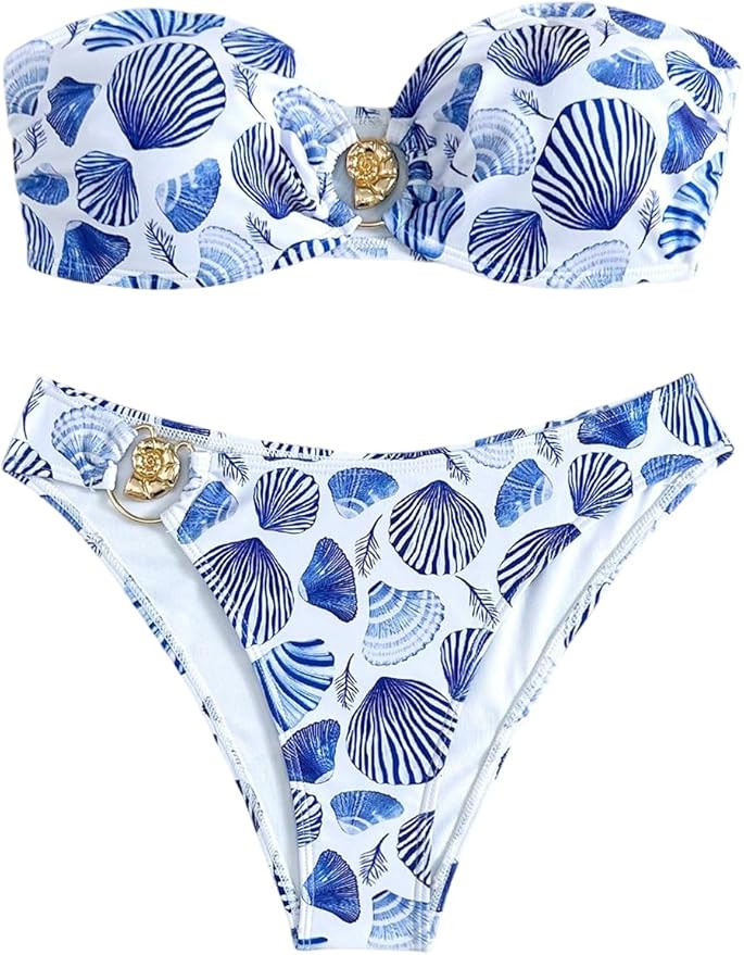 GORGLITTER Women's Strapless Bandeau Bikini Set Seashell Metal High Waisted Swimsuit Summer Beach... | Amazon (US)