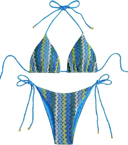 ZAFUL 2 Piece Triangle Bikini for Women Knitted Rope Halter Bikini Sets Sexy Bathing Suit Side Ti... | Amazon (US)