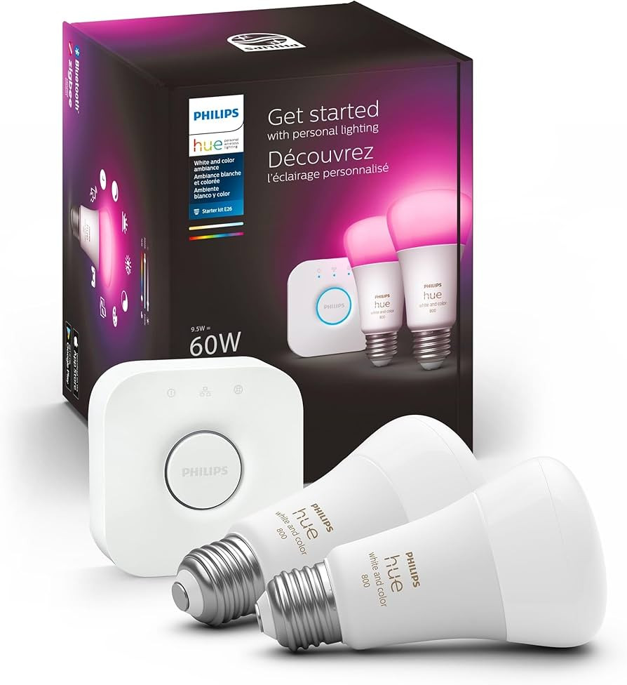 Philips Hue Smart Light Starter Kit - Includes (1) Bridge and (2) 60W A19 LED Bulb, White and Col... | Amazon (US)