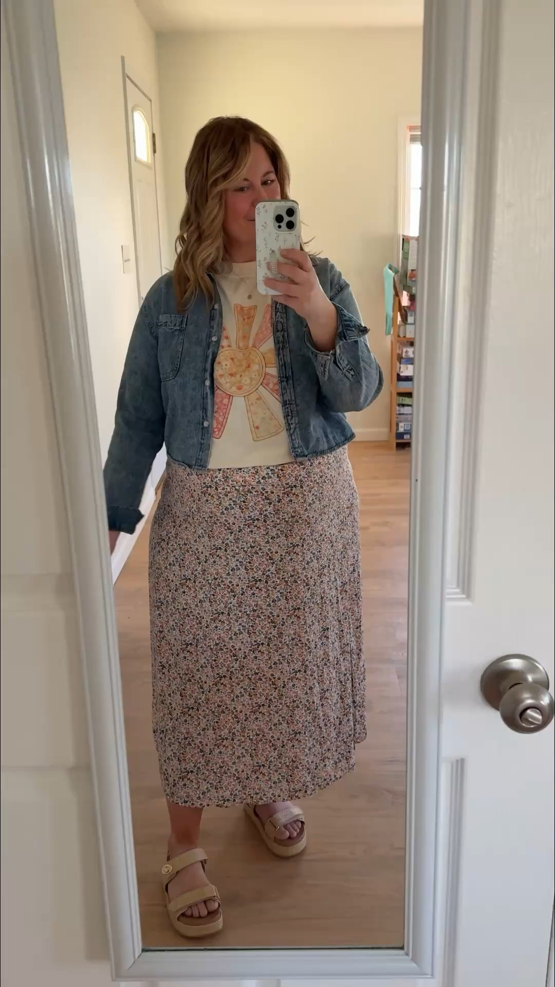 Teacher outfit! Wearing an XL in my tee (use code STEPHSHARES20 to save at Mountain Moverz) and an XL in my floral maxi skirt.  My cropped denim shirt is old so linked similar  
