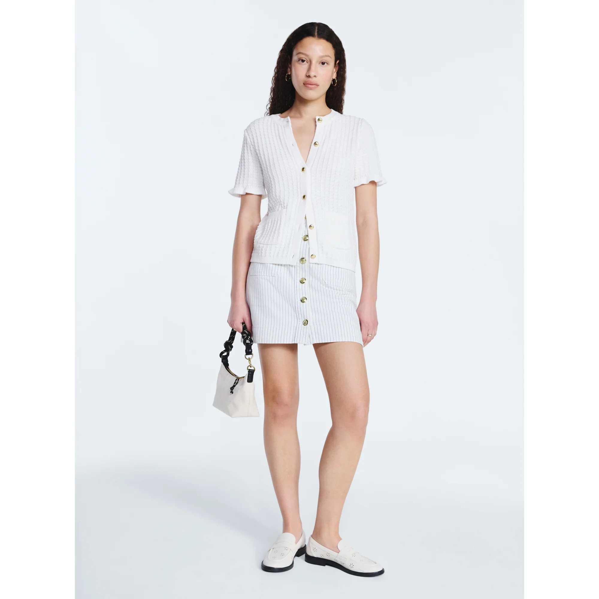 Free Assembly Women's Cotton Basketweave Cardigan Sweater with Short Ruffle Sleeves, Lightweight,... | Walmart (US)