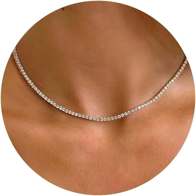 Tewiky Tennis Necklace 14K Gold Plated/Silver Sparking Rhinestone Choker Necklaces Dainty Crystal... | Amazon (US)