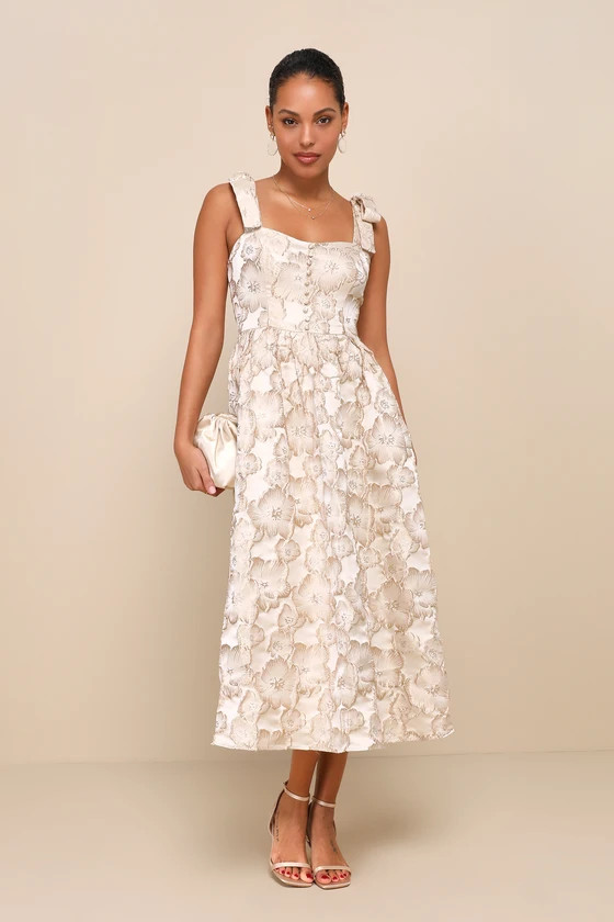 Unique Beauty Cream Floral Tie-Strap Midi Dress With Pockets | Lulus