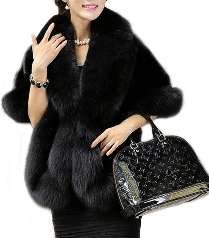 UMREN Women's Luxury Party Faux Fox Fur Long Shawl Cloak Cape for Winter | Amazon (US)