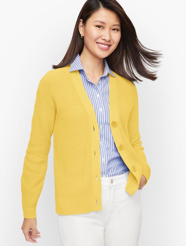 Pima Shaker Stitch Bishop Sleeve Cardigan | Talbots