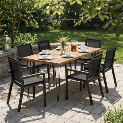 7 Pieces Acacia Wood Outdoor Dining Set s,Modern 6 Chairs 1 Large Table, Dining Furniture Set for Lawn, Backyard, Garden Deck,Poolside.Grey | Wayfair North America