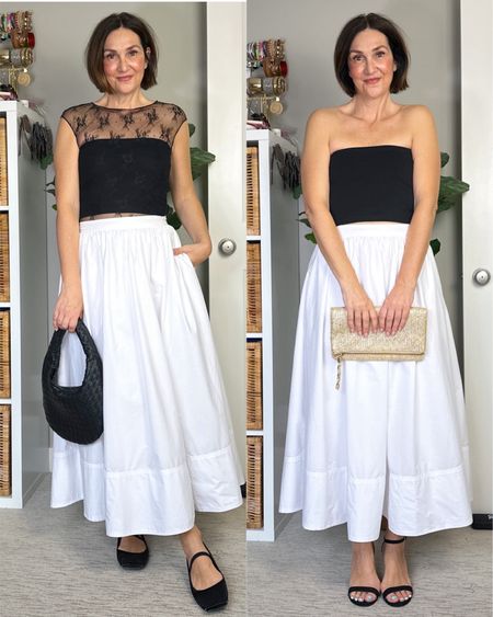 Outfit ideas for a full skirt! 
This skirt is lined, has pockets, fits tts and is so versatile! Also comes in black and floral. I’m 5’ 7 size 4ish wearing size S. Only available for Canadian shipping so I linked several similar skirts.
Left: my tube top comes in a 3 pack with white and grey and fits tts. Lace top adds a fun and edgy detail, also fits tts. Ballet flats only come in full sizes so I went up 1/2 size. 
Right: same tube top. Heeled sandals are such a great basic, I have them in several colors. Gold clutch is old, I linked similar.


#LTKStyleTip #LTKShoeCrush #LTKItBag