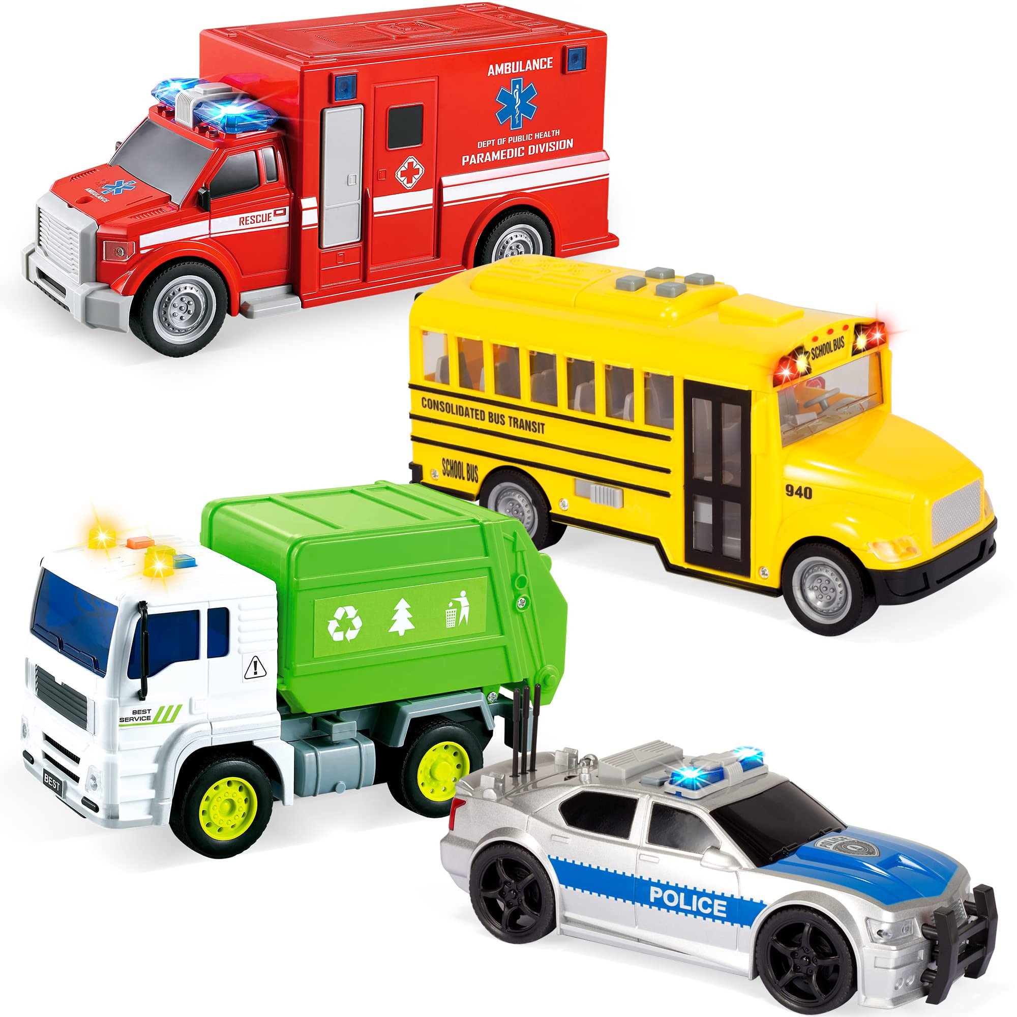 JOYIN 4 Pcs 7" Long Vehicle Toy Set, Toddlers Cars with Lights and Siren Sound, Including Play Po... | Amazon (US)
