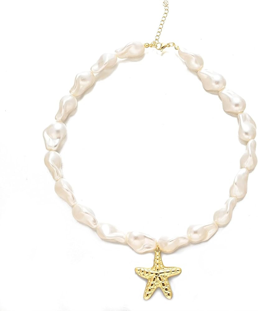 Gold Shell Starfish Necklace for Women Chunky Baroque Pearl Choker Necklaces Vintage Pearl Charm ... | Amazon (US)