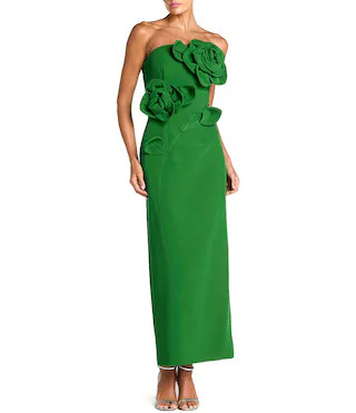 Crepe Strapless Midi Dress With 3D Flower Detail | Dillard's