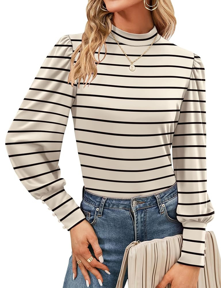 Qirno Womens Mock Neck Puff Long Sleeve Tops Casual Loose Solid Basic T Shirt Button Cuffs Pullov... | Amazon (US)