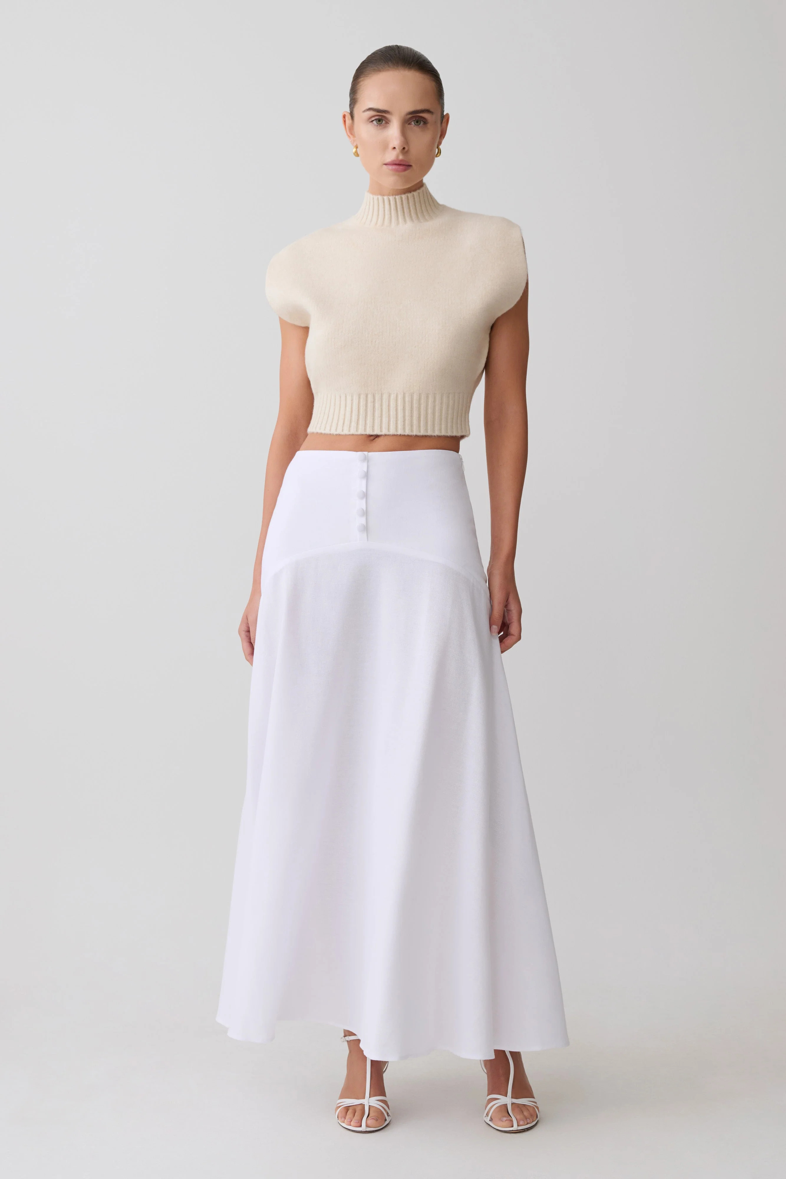 Curved Waist Midi Skirt - White | MESHKI US