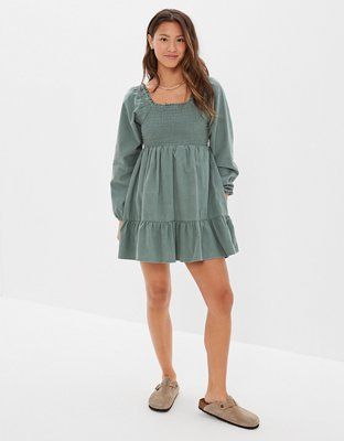 AE Long-Sleeve Smocked Corduroy Mini Dress | American Eagle Outfitters (US & CA)