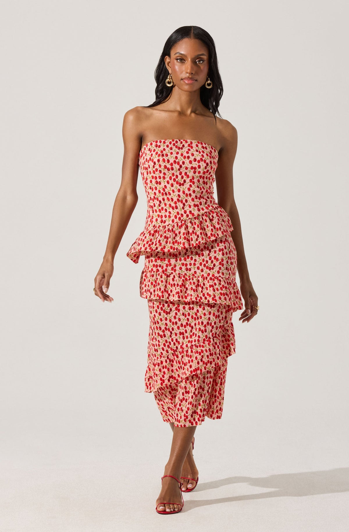 Asymmetrical Tiered Ruffle Midi Dress - Cherry print / XS | ASTR The Label (US)