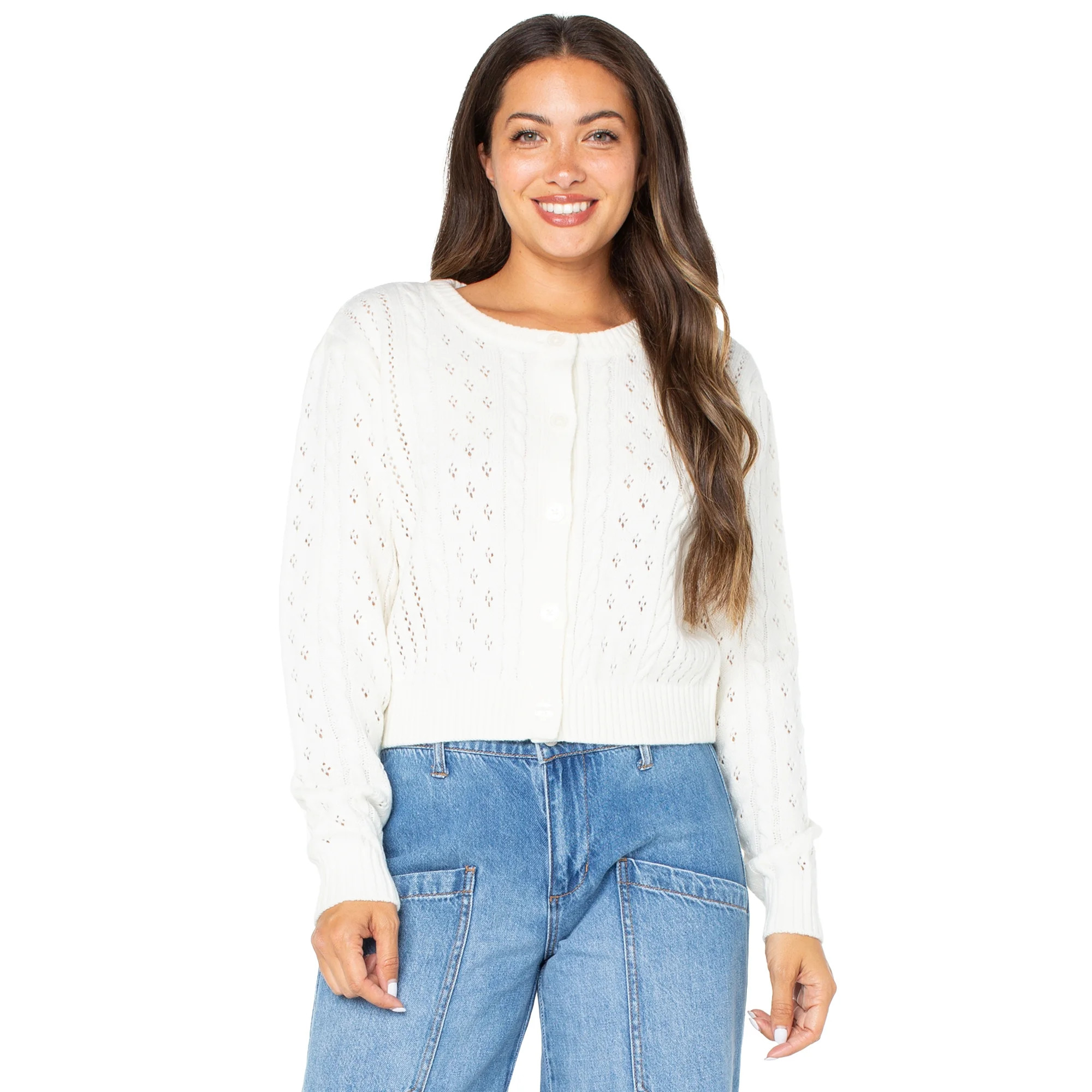 Celebrity Pink Women's Pointelle Crewneck Cardigan Sweater, Sizes XS-XXXL | Walmart (US)