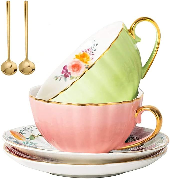 OneUstar Tea Cups and Saucers with Gold Trim 8 Ounce Bone China Porcelain Coffee Espresso Latte C... | Amazon (US)