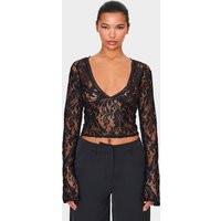 Black Lace Plunge Flared Sleeve Long Top, Black | PrettyLittleThing UK