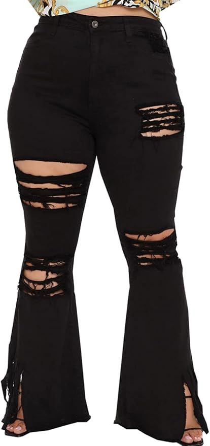 BessCops Womens Ripped Bell Bottom Plus Size Jeans Elastic Waist Flared Jean Pants | Amazon (US)