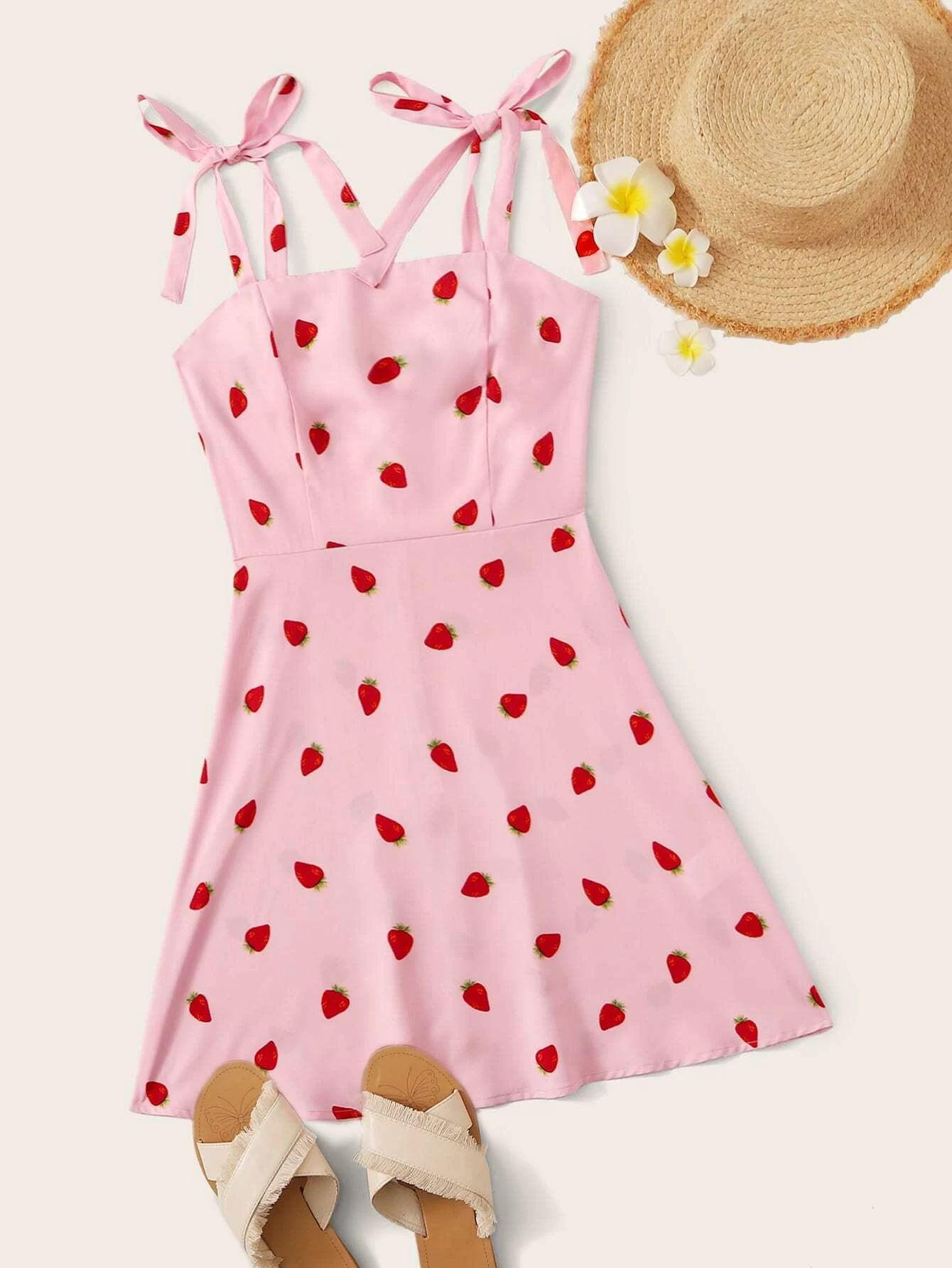 Strawberry Print Self-Tie Cami Mini Dress | SHEIN