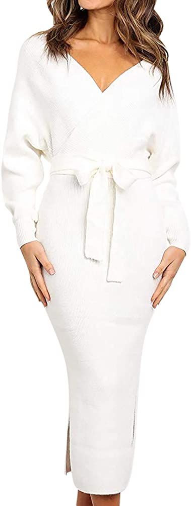 Viottiset Women's V Neck Long Batwing Sleeve Wrap Midi Knit Sweater Dress Elegant Backless with B... | Amazon (US)