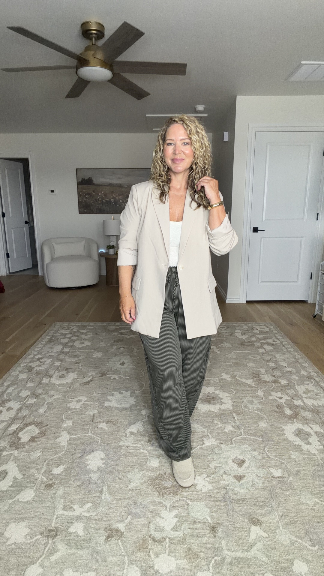 I love these picks!They are so comfy and stylish. Great for fall workwear. I'm wearing a large in everything. Unfortunately the print on the pants on the right is no longer available but they still come in lots of other prints and solids.

#LTKOver40 #LTKMidsize #LTKPetite