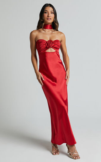 Cady Maxi Dress - Ruched Bust Rosette Detail Satin Dress in Red | Showpo (US, UK & Europe)