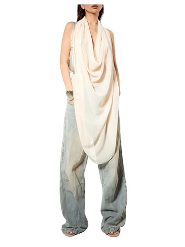 OYOANGLE Women's Backless Cowl Neck Sleeveless Tank Top Draped Front Chiffon Trendy Tops Apricot Small | Amazon (US)