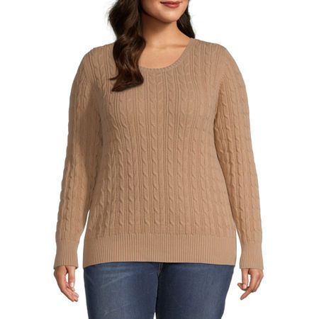 St. John's Bay-Plus Cable Womens Crew Neck Long Sleeve Pullover Sweater, 0x , Beige | JCPenney