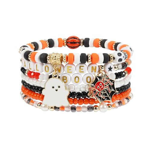 Briutn Spooky Halloween Beaded Bracelets Set with Ghost Spider Charms Halloween Jewelry | Amazon (US)