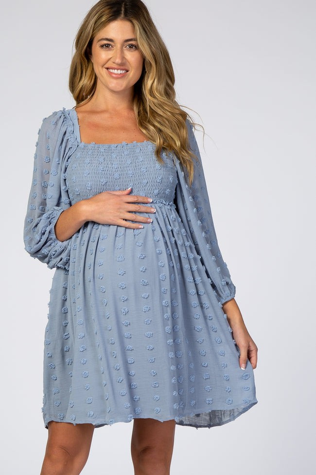 Light Blue Textured Dot Smocked Square Neck Chiffon Maternity Dress | PinkBlush Maternity