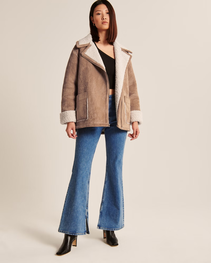 Women's Mid-Length Faux Suede Sherpa-Lined Coat | Women's Coats & Jackets | Abercrombie.com | Abercrombie & Fitch (US)