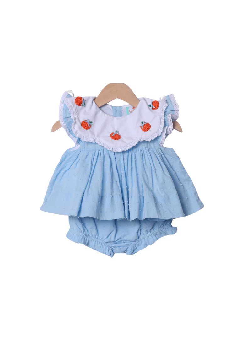 French Knot Blue Scalloped Swiss Dot Pumpkin Bloomer Set | The Smocked Flamingo