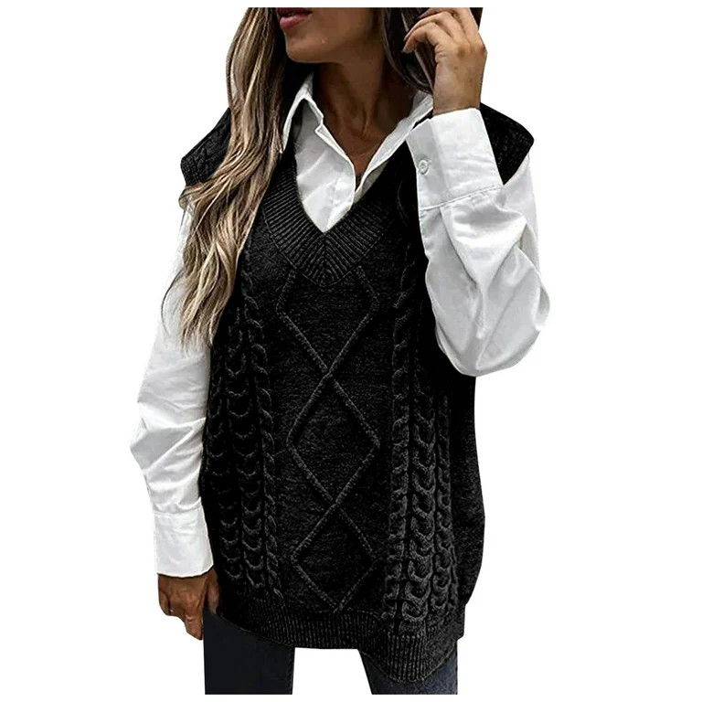 POROPL Knit Sleeveless V-Neck Solid Women'S Sweater Vests Black Size Xl(US:10) | Walmart (US)