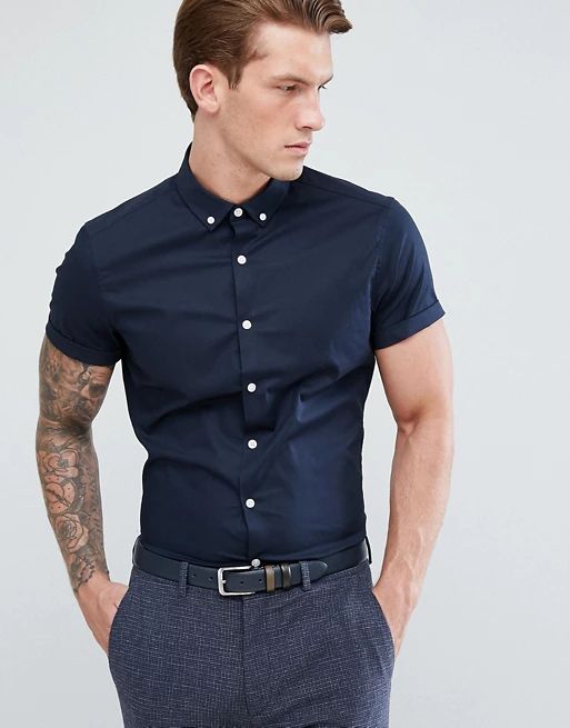 ASOS DESIGN slim shirt in navy with short sleeves and button down collar | ASOS UK