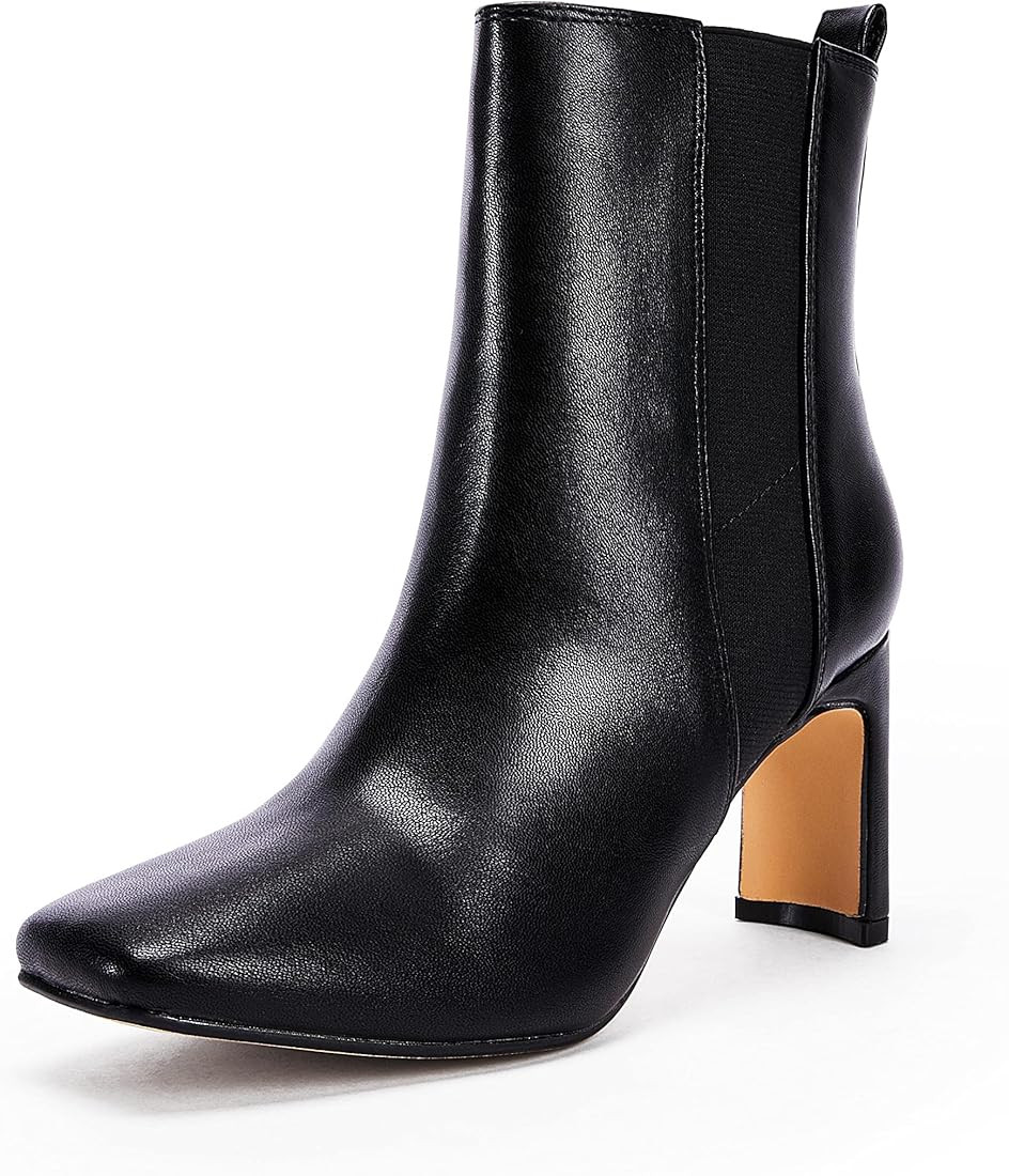 Women's Square Toe Ankle Boots Slip on Faux Leather Block Heeled Sock Boots | Amazon (US)